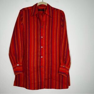 Valerie Stevens Orange and Purple Striped 100% Linen Tunic Blouse Small Resort